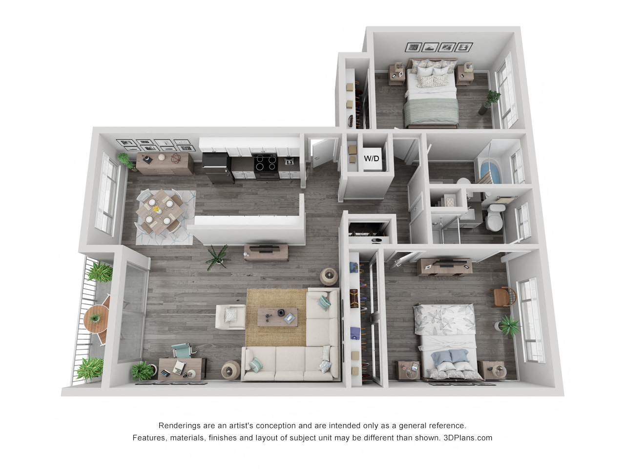 Floor plan for 2 beds, 2 baths, 1073 sqft